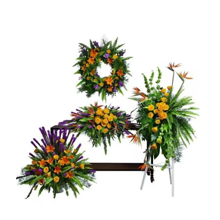 Morningside Florist Rancho Cordova - The Birds of Solace Sympathy Collection is a beautiful tribute to a loved one. Designed with vibrant orange lilies, yellow roses, purple liatris, and lush green ferns, this collection is appropriate for display at a funeral service. Collection includes Birds of Solace Casket Spray; Birds of Solace Sympathy Wreath, Birds of Solace Standing Spray and Sympathy Urn.