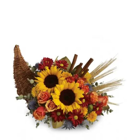 Morningside Florist Rancho Cordova - This arrangement is perfect for Thanksgiving tables, seasonal décor, or as a gift to celebrate the beauty of fall. The arrangement is typically housed in a horn-shaped wicker cornucopia, symbolizing plenty and harvest.