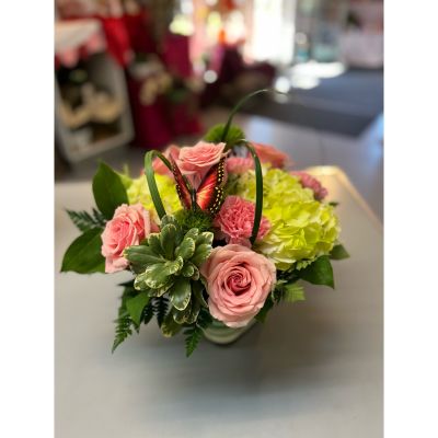Morningside Florist Rancho Cordova - This beautiful pink peach and green arrangement is a delight for any occasion with roses, hydrangea, and lily grass