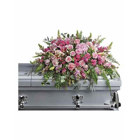 Blooms of Wayne Wayne - Celebrate a life beautifully lived with 'Beautiful Memories', a stunning casket spray overflowing with lush pink roses, fragrant lilies, and delicate carnations. 
The soft hues and abundant blooms create a comforting and serene tribute, expressing your deepest sympathy and heartfelt respect. 
A lavish display of ferns and greenery adds texture and fullness, symbolizing eternal peace and remembrance.
Send solace and honor their legacy with this elegant sympathy arrangement, a beautiful gesture during a difficult time.