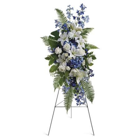 Blooms of Wayne Wayne - Drift away on the calming beauty of 'Ocean Breeze', a stunning sympathy arrangement of pristine white lilies and roses. 
Delicate blue delphinium cascades through lush greenery, evoking the peaceful serenity of a seaside escape. 
Send comfort and express your deepest condolences with this elegant tribute, perfect for memorial services or to offer heartfelt support.
A graceful standing spray designed to convey peace, remembrance, and enduring love during times of loss.