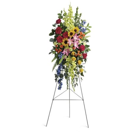 Blooms of Wayne Wayne - Celebrate a life beautifully lived with 'Love Lives On', a stunning tribute of vibrant color and heartfelt emotion. 
Rich reds, sunny yellows, and delicate lavender blooms cascade together, creating a sense of peaceful remembrance and enduring affection.
This elegant standing spray features roses, lilies, and larkspur, offering comfort and solace during times of grief.
Send a lasting expression of sympathy and honor their memory with this breathtaking funeral flower arrangement.