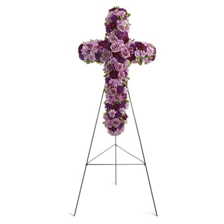 Blooms of Wayne Wayne - Express heartfelt sympathy and unwavering belief with 'Deepest Faith', a stunning lavender and plum floral cross. 
Delicate roses and carnations are expertly arranged on an elegant metal stand, creating a comforting and serene tribute.
Perfect for memorial services, funerals, or expressing condolences, this standing cross radiates peace and remembrance.
Send a beautiful message of hope and lasting devotion with this impactful sympathy arrangement.