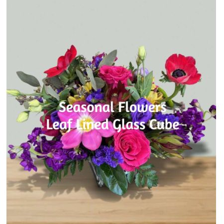 Blooms of Wayne Wayne - Bring the vibrant beauty of the garden indoors with our Seasonal Flowers in a Leaf Lined Cube—a stunning, ever-changing display of nature’s finest.
Rich hues of rose, poppy, and lavender burst from a modern glass container, nestled amongst lush, verdant foliage for a touch of organic elegance.
Perfect as a radiant centerpiece for your home or a thoughtful gift to brighten someone’s day, this fresh flower arrangement captures the essence of the season.
Enjoy the captivating fragrance and lively colors of these expertly curated blooms, a little piece of sunshine delivered to your doorstep. Imgae shown is for illustration only. Colors and flowers will vary.