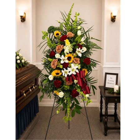 Blooms of Wayne Wayne - Honor a cherished life with our 'Rustic Remembrance Spray' a heartfelt tribute designed to convey your deepest sympathy and enduring love. This stunning spray evokes a sense of peaceful serenity mirroring the natural beauty of a life well-lived. Clusters of delicate blooms carefully arranged in a comforting and organic style create a visual warmth that speaks volumes where words may fail. Imagine this graceful arrangement offering solace at a memorial service or providing a gentle touch of remembrance in a quiet moment of reflection. The textured foliage and soft color palette create a feeling of natural elegance while the overall design embodies a sense of quiet dignity. Send this beautiful spray to express your sincere condolences and let the recipient know they are in your thoughts.