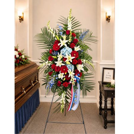 Blooms of Wayne Wayne - Express your deepest sympathy and reverence with our 'Sacred Duty Spray'. This stunning floral tribute is a beacon of peace and remembrance designed to offer comfort during times of loss. A cascade of delicate blooms creates a visual expression of heartfelt condolences perfect for memorial services funerals or simply offering solace to a grieving heart. Imagine the gentle fragrance subtly filling the air a soft embrace for those who mourn. The arrangement speaks volumes where words may fail conveying your sincere support and lasting affection.  Allow this beautiful spray to represent the enduring power of love and the beauty of a life cherished.  Send a lasting expression of care with 'Sacred Duty' a tribute as timeless and meaningful as the memories it honors.