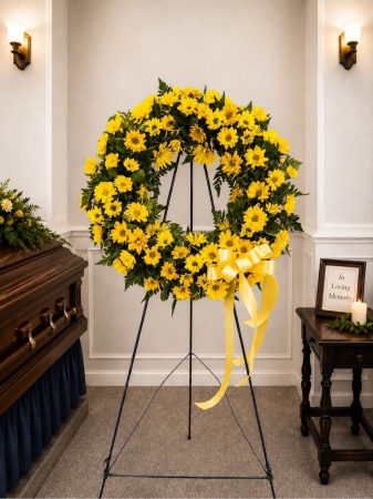 Blooms of Wayne Wayne - A perfect tribute to celebrate life, this beautiful standing daisy wreath says what words cannot. A life remembered, full of joy and moments with loved ones, expressed through vibrant, yellows, and greens. 