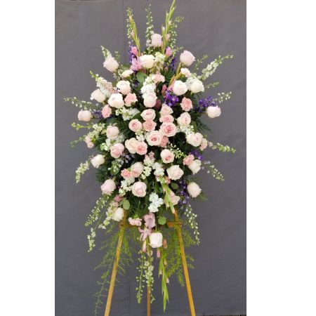 Log Cabin Florist Bakersfield - A Exquisite Easel Of Pink Roses And Carnations/Snapdragons Or Glads For A Larger Impact,With Trailing Greens.