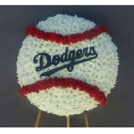 Log Cabin Florist Bakersfield - Go Dodgers! Honor your sports fan with this memorial design that captures their love of the game. This large design is a 32" baseball
mounted and displayed on a 5ft. easel. A custom design with many hours of labor and detail.