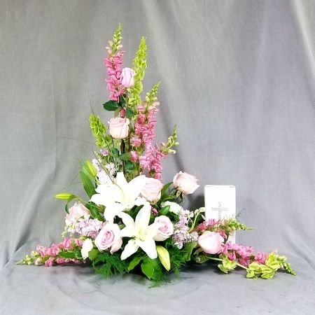 Log Cabin Florist Bakersfield - This is an elegant stylized table top arrangement Approximately 30" tall and 30" wide. It will display nicely with either and photograph or a memorial urn.