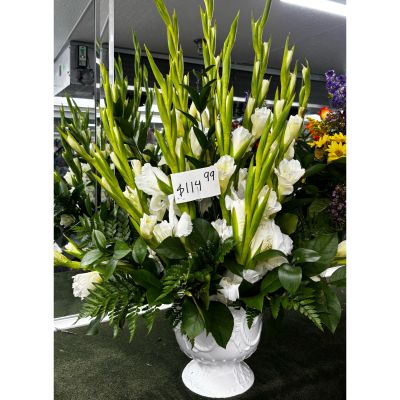 DiBella Flowers & Gifts Las Vegas - White gladiolus sympathy  pedestal arrangement