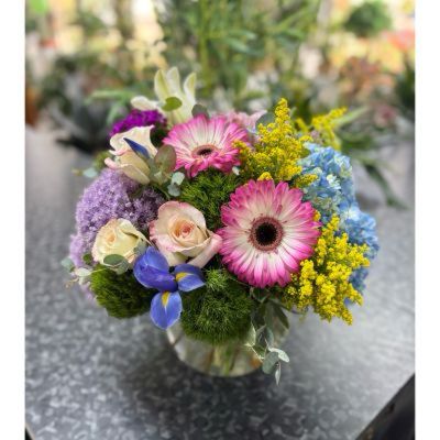 DiBella Flowers & Gifts Las Vegas - Roses, Gerber Daisies, Roses, Trick, Iris in a beautiful bubble bowl vase 