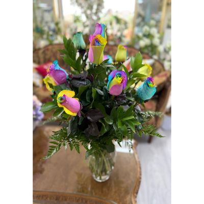 DiBella Flowers & Gifts Las Vegas - DOZEN RAINBOW ROSES ARRANGEMENT IN THE COOLER