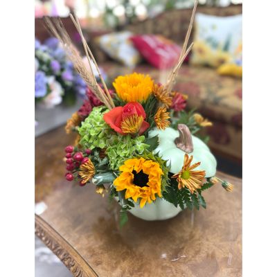 DiBella Flowers & Gifts Las Vegas - Welcome the beauty of autumn with Pumpkin Vase, a festive arrangement bursting with the rich colors of the harvest season. Designed in a charming ceramic pumpkin container, this piece makes the perfect centerpiece for Thanksgiving gatherings, fall décor, or a thoughtful seasonal gift.
