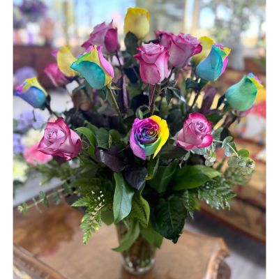 DiBella Flowers & Gifts Las Vegas - Two Dozen Lavender & Rainbow Rose Arrangement In the Cooler