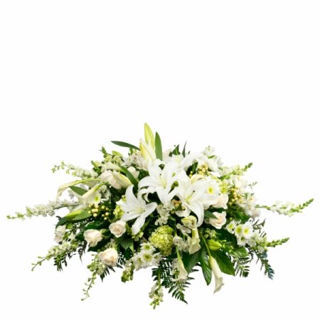 DiBella Flowers & Gifts Las Vegas - Create a heartfelt moment of remembrance with this lush and abundant casket cover, featuring lovely blooms, in shades of white and green, cascading from a base of verdant seasonal greenery. Appropriate for an open or closed casket. Medium size pictured here.

Medium (as shown) is approximately 45"L x 20"H x 28"W

<i>This arrangement is custom designed using best-of-day seasonal flowers and may not feature the exact flowers shown. If an item is unavailable, we’ll substitute in products of equal or greater value. Please call us at702-384-1121 to inquire about our flower selection before placing your order if you require specific flowers be included.</i>