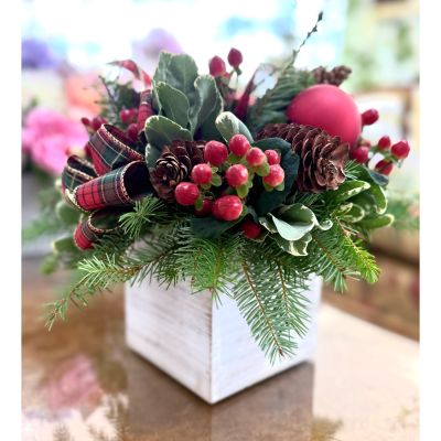 DiBella Flowers & Gifts Las Vegas - This festive holiday arrangement "Merry In the Woods" features a charming blend of natural and decorative elements. It includes evergreen branches, pinecones, red berries, and a red ornament ball, all complemented by plaid ribbon accents. Set in a rustic white wooden container, this arrangement exudes a cozy, traditional holiday feel—perfect for a Christmas centerpiece or seasonal décor.