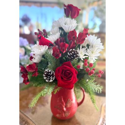 DiBella Flowers & Gifts Las Vegas - Bursting with holiday spirit, Crimson Cardinal Cheer captures the magic of winter with radiant red roses, snowy white blooms, and festive evergreens. Frost-tipped pinecones and a charming cardinal accent bring a touch of nature's joy, making this arrangement a perfect gift to celebrate the season.