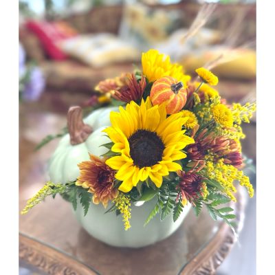 DiBella Flowers & Gifts Las Vegas - A modern twist on fall florals! Designed in a chic green pumpkin vase, this bouquet features seasonal blooms that blend elegance with festive flair. Perfect as a Homecoming gift, a stylish centerpiece, or a thoughtful autumn surprise.