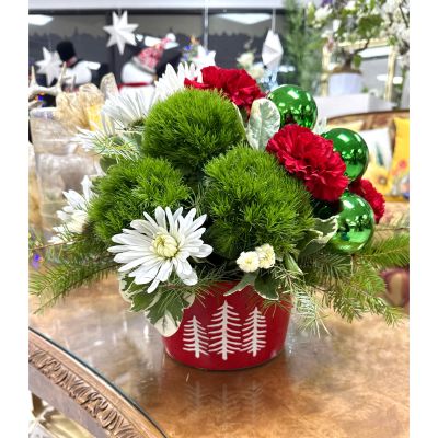 DiBella Flowers & Gifts Las Vegas - This arrangement "Joyful Embrace" is a cheerful holiday arrangement bursting with vibrant red carnations and crisp white chrysanthemums, accented by lush evergreens and playful green ornaments. Nestled in a bold red container, this spirited design brings warmth, color, and classic holiday joy to any space.