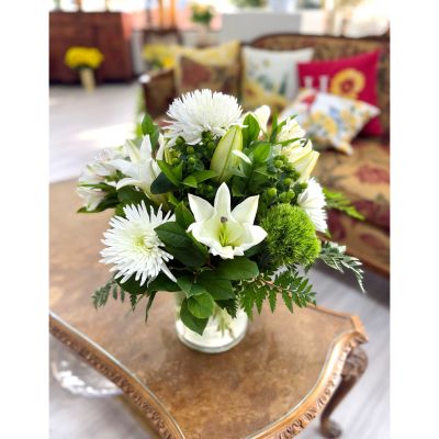 DiBella Flowers & Gifts Las Vegas - Soft Winter is a serene and elegant arrangement that captures the quiet beauty of the season. Featuring pristine white lilies, fluffy spider mums, and delicate winter greens, it’s accented with fresh textures and soft natural tones. The lush greenery adds warmth and balance, creating a look that feels both peaceful and refined. Perfect for winter gifting, sympathy, or adding a calm, cozy touch to any space.