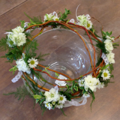 Relles Florist Sacramento - A beautiful halo made with curly willow, plumosa, larkspur, and monte casino with a little bit of lace ribbon.  