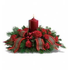 Newtown Floral Company Newtown - This beautiful arrangement is the perfect way to celebrate the holidays with friends and family. If you're invited to a gathering, send it a couple of days in advance. If you can't actually be there in person, your presence will be felt when you send this lovely present.<br /><br />

			Festive red carnations, shiny ornament balls, winter greens, an elegant pillar candle and red ribbon make this a charming celebration of the season.<br /><br />Approximately 17" W x 10" H<br /><br />
Orientation: All-Around<br />
					
              
					As Shown : T123-1ADeluxe : T123-1BPremium : T123-1C
              