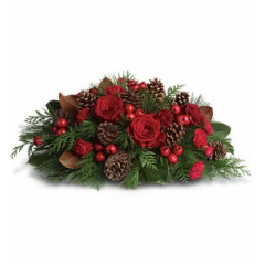 Newtown Floral Company Newtown - Spread the spirit of the holiday season by sending this lovely holiday arrangement to the home of friends and family. The low profile makes it a perfect centerpiece, although it will be equally at home in any room.<br />

			Gorgeous red roses and spray roses, berry sprays and carnations are arranged with pinecones and festive greenery. A great way to serve up holiday cheer!<br /><br />Approximately 22" W x 11" H<br />
Orientation: All-Around<br />
					
              
					As Shown : T120-3ADeluxe : T120-3BPremium : T120-3C
              