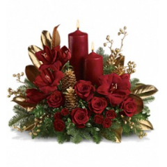 Newtown Floral Company Newtown - Christmas by candlelight is the perfect way to delight in the warmth and joy of the season. This elegant arrangement will be at home anywhere in the house, adding grace and beauty to any holiday celebration.<br />

			Ruby red amaryllis, roses and spray roses are perfectly arranged with golden pinecones and holiday greenery. Two pillar candles in a stunning shade of pomegranate are the perfect touch to light up the night.<br /><br />Approximately 23" W x 18" H<br />
Orientation: All-Around<br />
					
              
					As Shown : T113-1ADeluxe : T113-1BPremium : T113-1C
              