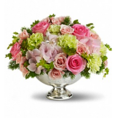 Newtown Floral Company Newtown - Bridal shower? Baby shower? Afternoon wedding? Add an elegantly girly touch to any of them with this stylish mix of pinks and greens. Presented in a classic Mercury Glass Vase, it's where trendy meets traditional!<br />

			Pink hydrangea, light pink and pink roses, green carnations, ming fern and bupleurum are artfully arranged in a Mercury Glass Bowl.<br /><br />Approximately 13" W x 10 1/4" H<br />
Orientation: All-Around<br />
					
              
					As Shown : T191-3A
              