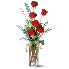 Newtown Floral Company Newtown - For a hint of romance or to show someone special you care, these six beautiful red roses are just right.<br />

			Six red roses with eucalyptus in a glass cylinder vase.<br><br>Approximately   10" W x 23" H<br />
Orientation: One-Sided<br />
					
              
					As Shown : TF32-1
              