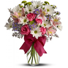 Newtown Floral Company Newtown - Looking for the prettiest bouquet in town? We've got the perfect all-around choice - a mix of blooms in breezy shades of pink, white, lavender and more, all tied up with a big pink bow! A great way to make someone smile.<br />

			A mix of fresh flowers such as spray roses, daisy and button spray chrysanthemums, Monte Cassino asters and limonium, in shades of white, pink, green, purple and lavender – is delivered in a vase adorned with a matching ribbon.<br><br>
Approximately 12" (W) x 14" (H)
<br />
Orientation: All-Around<br />
					
              
					As Shown : TFWEB511
              