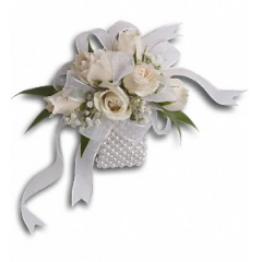 Newtown Floral Company Newtown - White spray roses and chiffon ribbon on a Shimmering Pearl Wrist Corsage