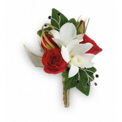 Newtown Floral Company Newtown - Elegant orchids and classic red roses make you the star of the show.<br />

			White dendrobium orchids, red spray roses and green ivy.<br /><br />Approximately 3" W x 4 1/2" H<br />
Orientation: N/A<br />
					
              
					As Shown : TPR08-1A
              