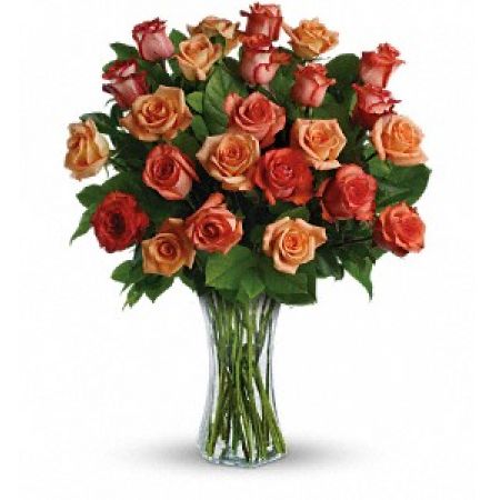 Newtown Floral Company Newtown - Send her a vase full of sunshine - 24 glorious roses in brilliant shades of orange, light orange and dark orange. Delivered in a sparkling flared vase, this is a dazzling gift that will warm her heart for days - maybe weeks.<br />

			This dazzling bouquet includes orange roses, light orange roses and dark orange roses accented with salal. Delivered in a flared glass vase.<br /><br />Approximately 23" W x 28 1/2" H<br />
Orientation: All-Around<br />
					
              
					As Shown : TRS08-1ADeluxe : TRS08-1B
              