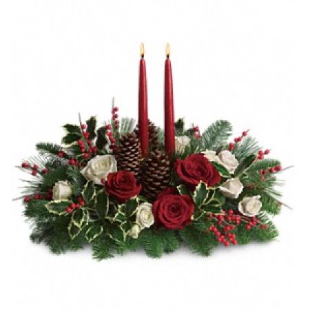 Newtown Floral Company Newtown - Elegant. Lovely. Radiant. This beautiful Christmas centerpiece is everything you could wish for and more.<br /><br />

			Stunning red and white roses, white spray roses and chrysanthemums plus all of your holiday favorites like pinecones, berries, holly, Christmas greenery and two tall-tapered candles. A brilliant way to send your Christmas wishes in style.<br /><br />Approximately 21" W x 17" H<br /><br />
Orientation: All-Around<br />
					
              
					As Shown : T127-1ADeluxe : T127-1BPremium : T127-1C
              