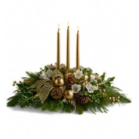 Newtown Floral Company Newtown - Know someone who deserves the royal treatment this holiday season? This shimmering golden centerpiece will shine its golden light upon them.<br />

			Three gorgeous gold taper candles take center stage in an arrangement of crème roses and spray roses, white alstroemeria, gold ornaments, pinecones, intricate mesh ribbon, Christmas greenery and more. This kind of high style really is fit for a king or queen!<br /><br />Approximately 23" W x 17" H<br />
Orientation: All-Around<br />
					
              
					As Shown : T131-3ADeluxe : T131-3BPremium : T131-3C
              