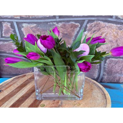 Newtown Floral Company Newtown - Happy tulips in a rectangle vase, colors will vary