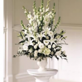 Superior Florist Ltd New York - The All White Urn Arrangement is a refined and tranquil floral display perfectly suited for an urn. This monochromatic arrangement, composed entirely of white flowers, exudes a sense of purity and serenity. The chosen blooms come together in a harmonious composition, creating a timeless and elegant tribute. The all-white palette symbolizes reverence and peace, offering a fitting expression of condolences and love during moments of grief. This arrangement, with its understated beauty, serves as a dignified and heartfelt farewell, honoring the memory of a cherished individual with grace and simplicity.