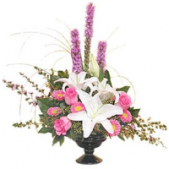 Superior Florist Ltd New York - A footed bowl of Lilies, Liatris and Larkspur. 