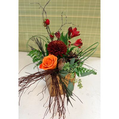 Uptown Blossoms Anchorage - Fall special with a woodland feel, ceramic bird, pinecones, berries, and lots of texture