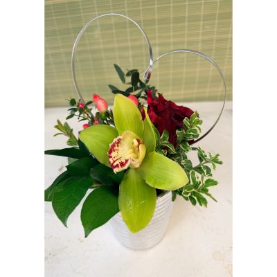 Uptown Blossoms Anchorage - Express your affection with ‘Unique Pair’ – a stunning, modern floral arrangement featuring a vibrant green orchid and deep burgundy roses. Nestled in a charming silver pot and framed by a delicate heart, this bouquet evokes a sense of tender romance and lasting beauty. Perfect as a thoughtful **gift for her**, or to brighten your own space with a touch of elegant color and fresh **flower delivery**. Send a unique message of love with these captivating **orchid arrangements** and **roses**.