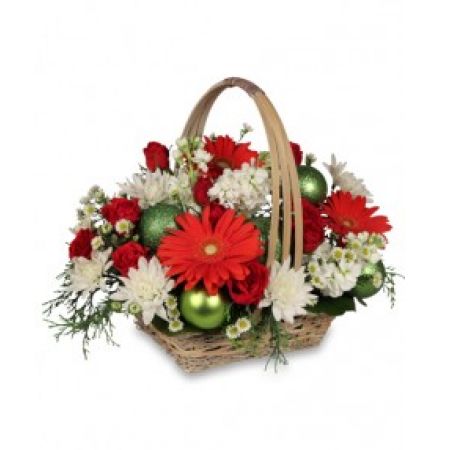 Boulder City Florist Boulder City - Beautiful assortment of evergreens with traditional red and white flowers. Some baskets will be white with assorted decorations will vary.