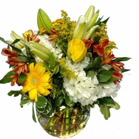 Boulder City Florist Boulder City - Large Bubble bowl full of fresh Lilies, Roses, Hydrangea, Alstromerias, Gerbera Daisies, lush filler and greens. 