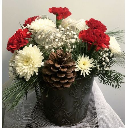 Boulder City Florist Boulder City - Our Winter Berry Bouquet special includes red carnations, holiday greens, white poms, pine cones, and ribbon all arranged in a keepsake 6” metal winter berry container. 

Carnations may be substituted for red roses starting at $69.95.
