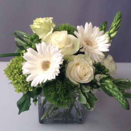 Bouquets Denver - All white fresh arrangement in a clear case. Gerbera daisies, white roses and Veronica