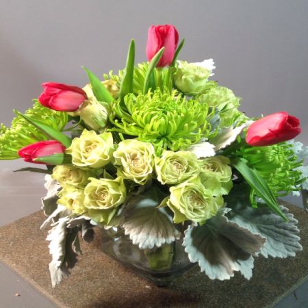 Bouquets Denver - Fuji chrysanthemums, roses, tulips, and a collar of dusty Miller or other foliage.