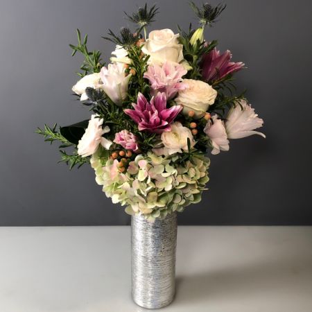 Bouquets Denver - Double rose lilies, antique hydrangea, lily grass, eryngium