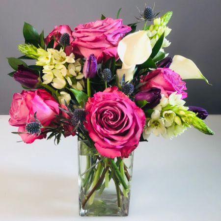 Bouquets Denver - Roses, calla lilies, tulips, eryngium, ruscus foliage