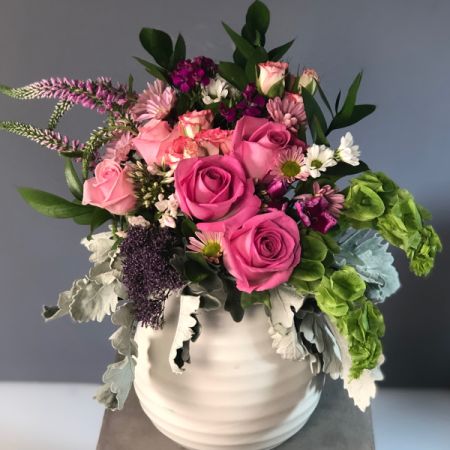 Bouquets Denver - Lush arrangement in a 6” tall white ceramic vase